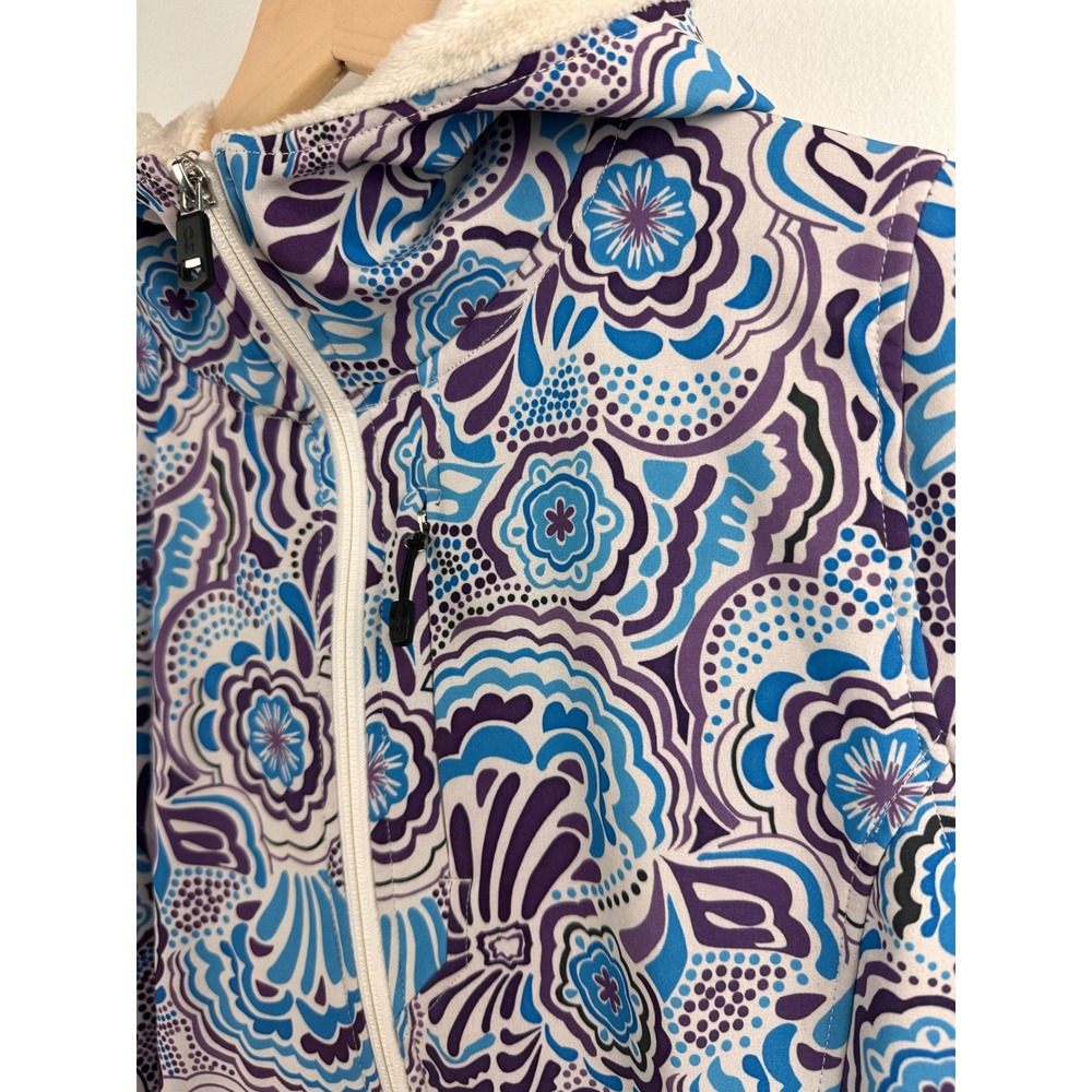 Spyder Women's Large Floral Faux-Fur Lined Hooded Jacket Full-Zip Blue Purple - Picture 2 of 12